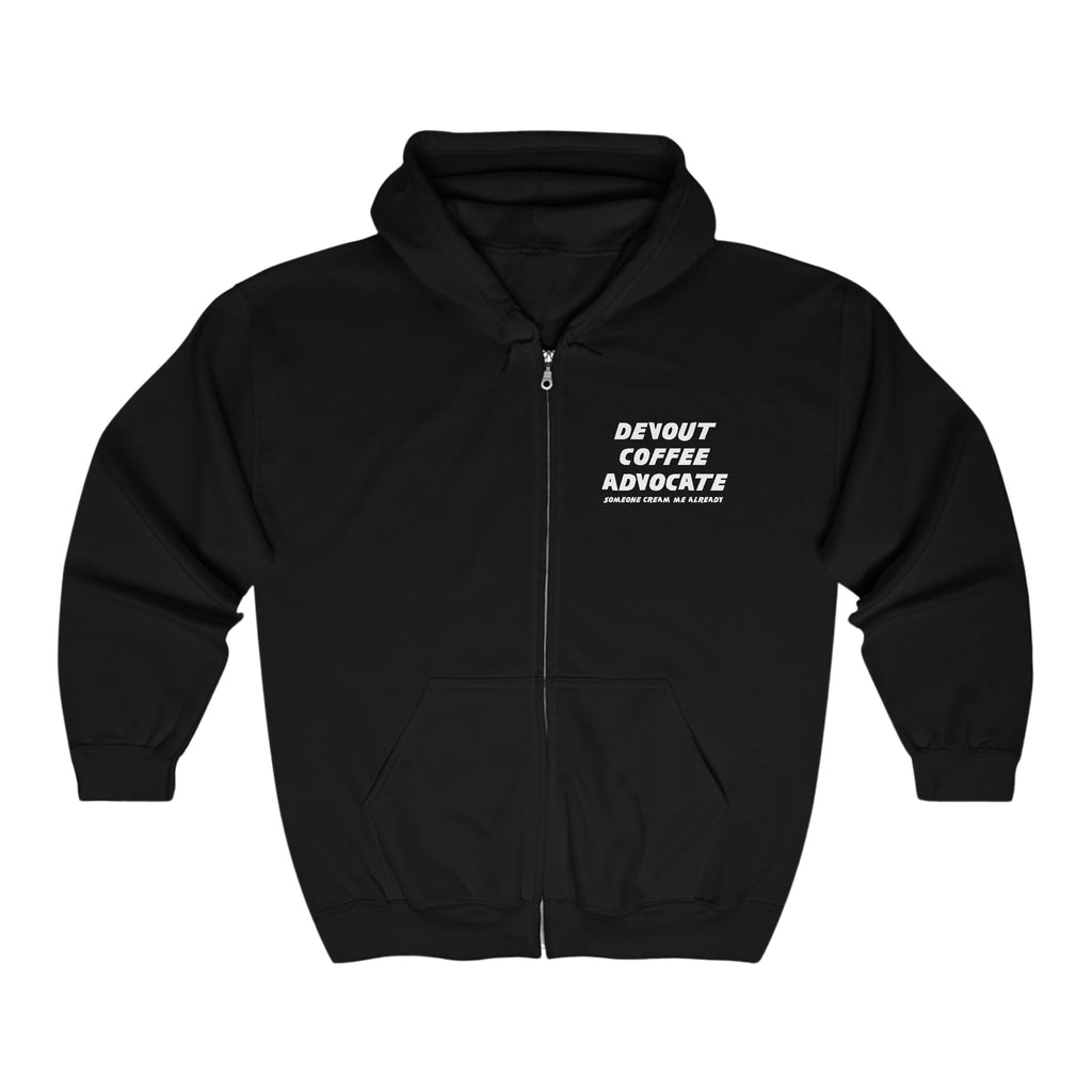 "Devout Coffee Advocate Hoodie" - Unisex Heavy Blend Full Zip Sweatshirt for Coffee Lovers