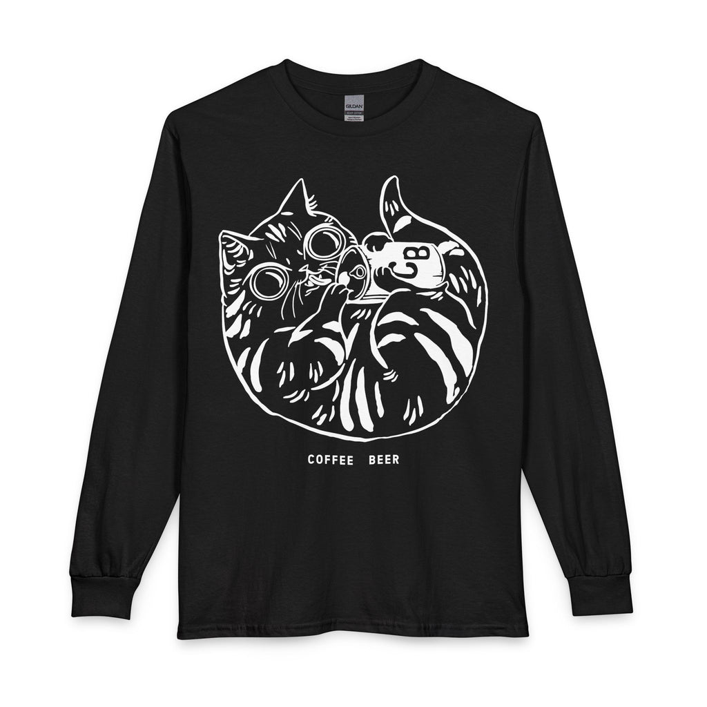 Cat Drinking Coffee & Beer Long Sleeve Tee — Cute Retro Cat Illustration Shirt